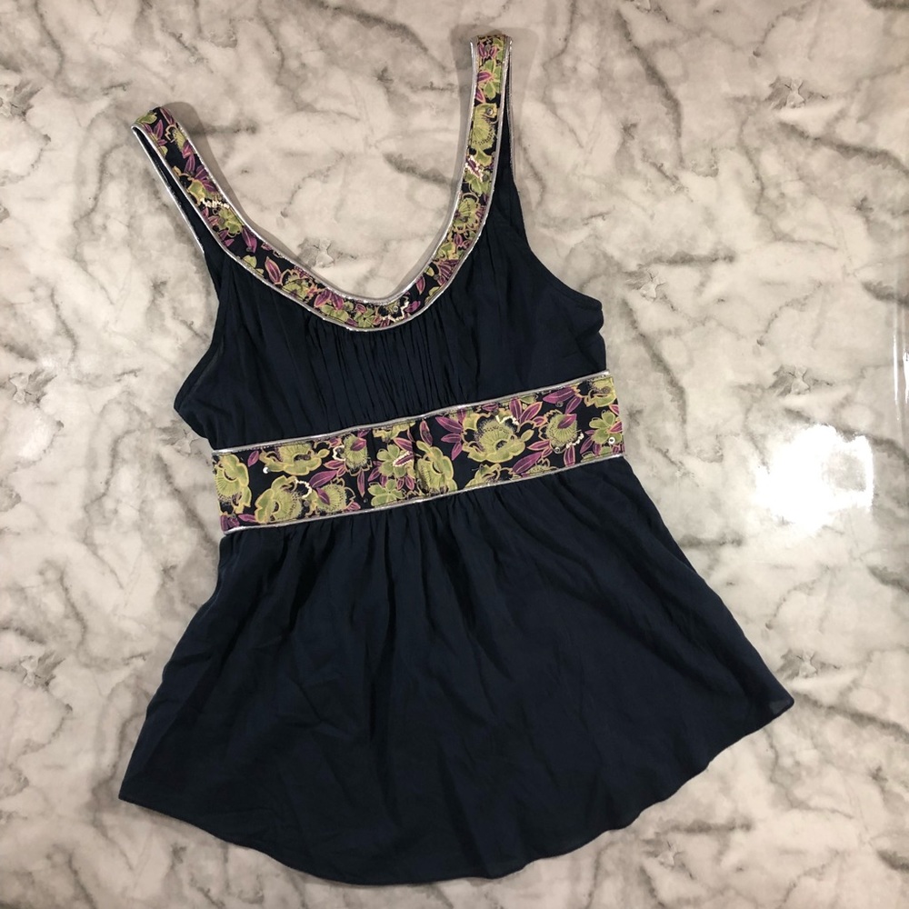 NWT Free People Navy Tank With Floral Accents Sz 2